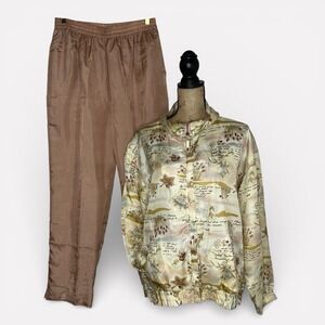 Vintage EVR 100% Silk Track Suit Zip Up Bomber Jacket Rose Pants 80s Womens XL